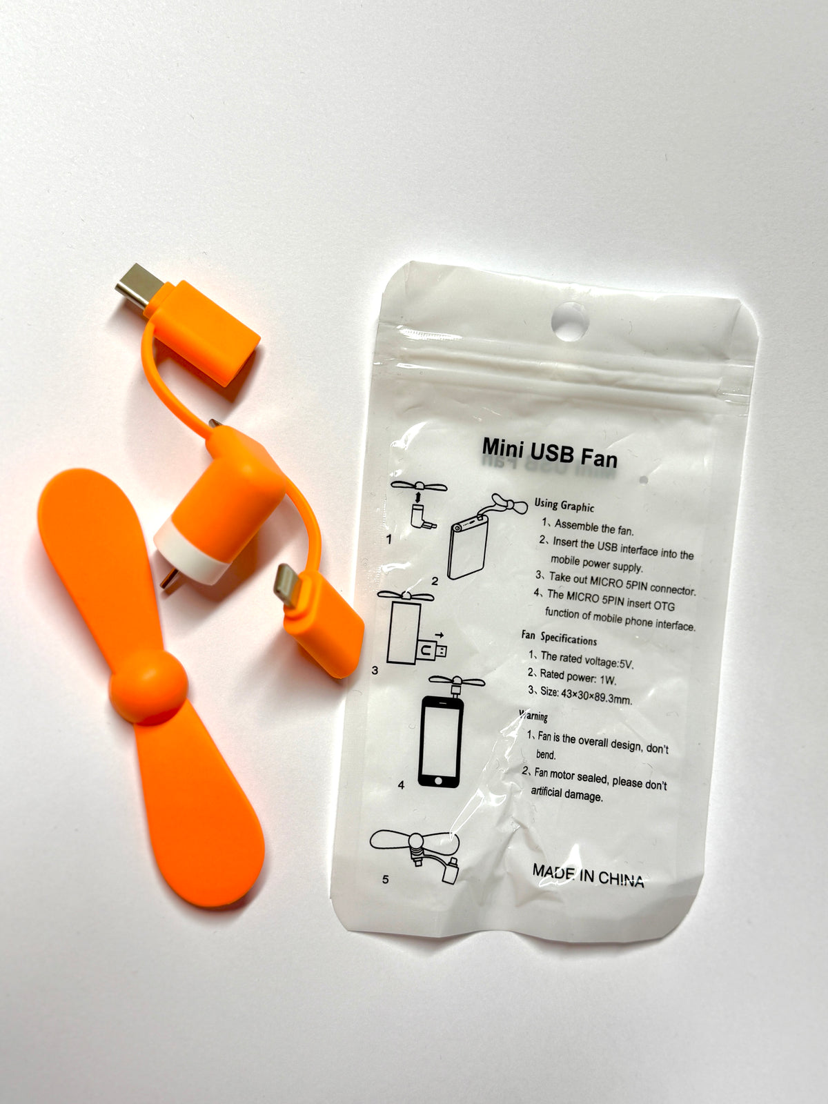 Mini-Handy-Ventilator Orange – USB-C, Micro-USB & Lightning