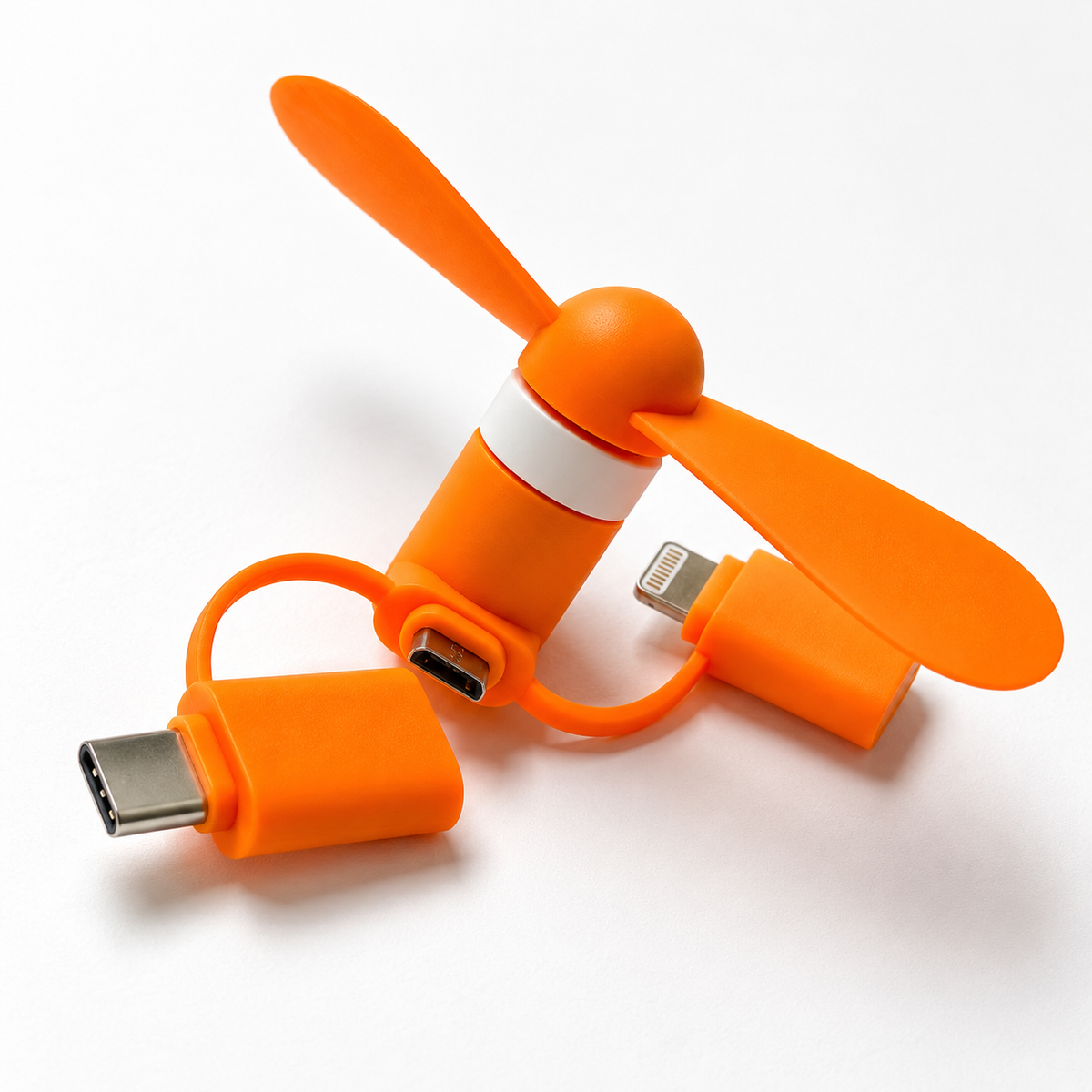 Mini-Handy-Ventilator Orange – USB-C, Micro-USB & Lightning – Detailansicht