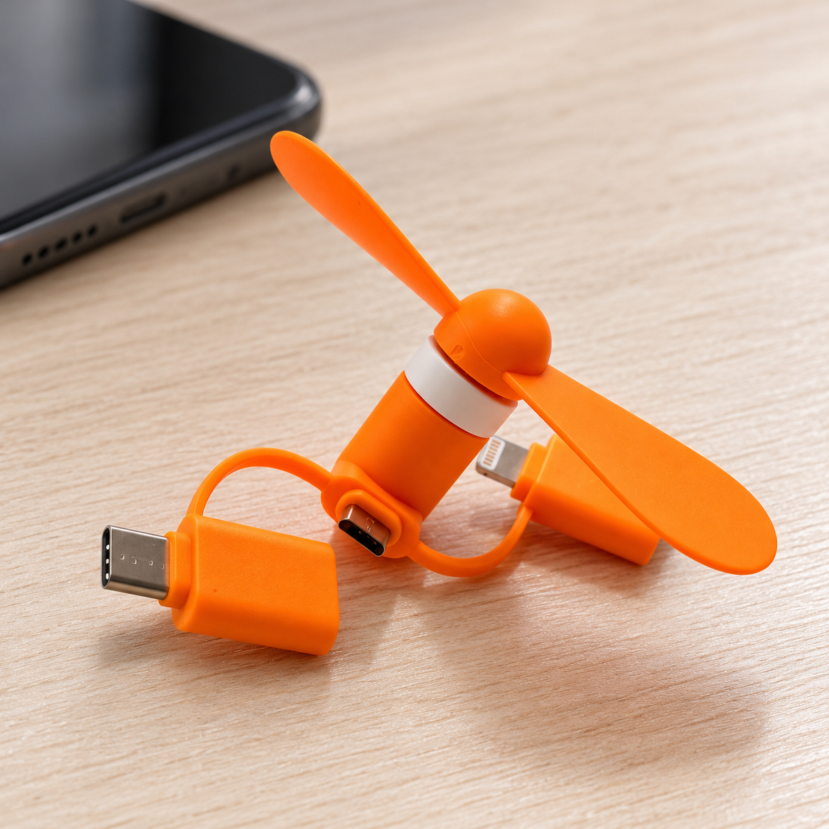 Mini-Handy-Ventilator Orange – USB-C, Micro-USB & Lightning – Ansicht im Alltag