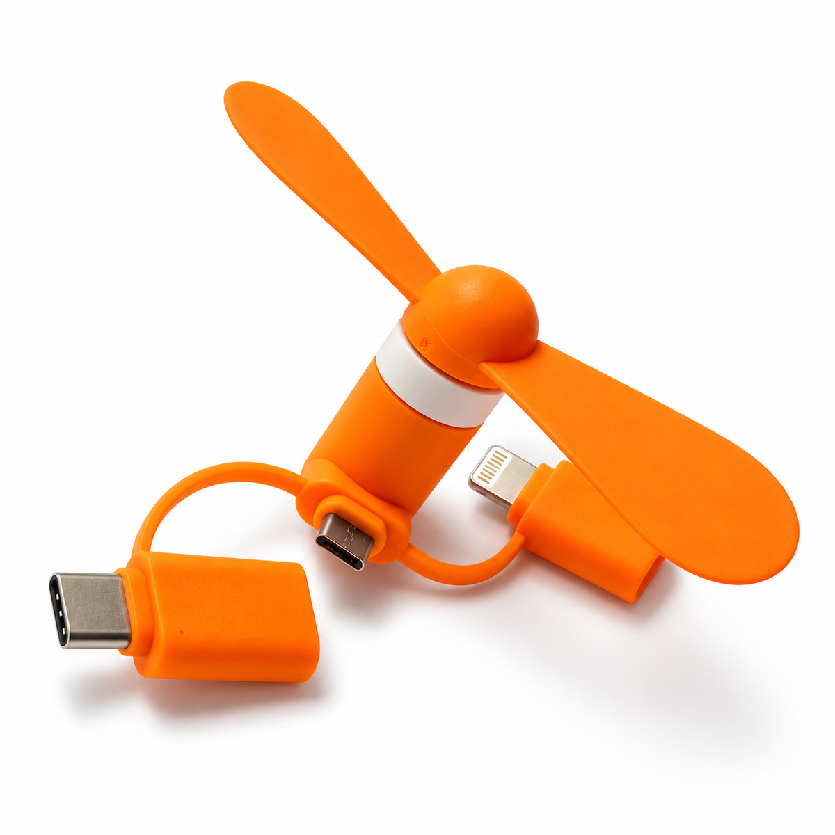 Mini-Handy-Ventilator Orange – USB-C, Micro-USB & Lightning – Studioansicht
