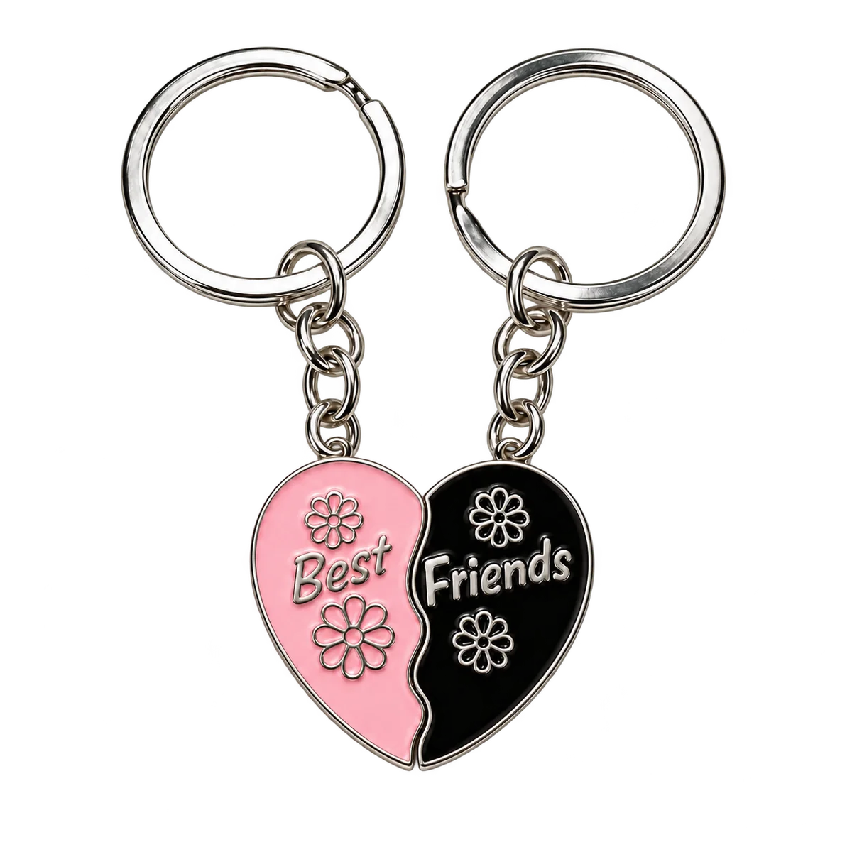 Zwei Schlüsselanhänger mit rosa-schwarzem Best-Friends-Herz