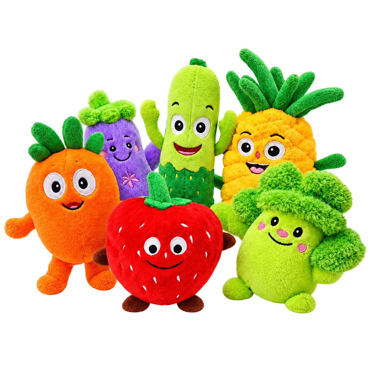 Sechs Obst- und Gemüse-Plüschfiguren gemeinsam abgebildet