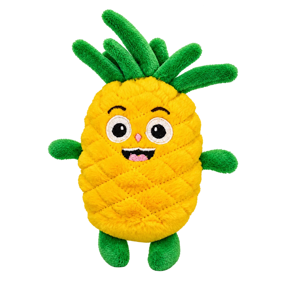Gelbes Ananas-Plüschtier mit grünen Blättern und gesticktem Gesicht